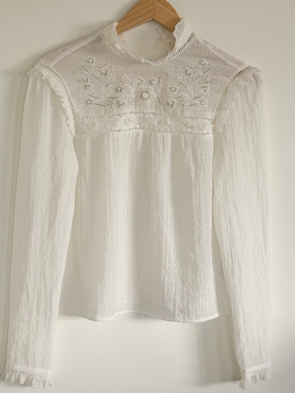 H&M White High-Neck Embroidered Lace Yoke Blouse